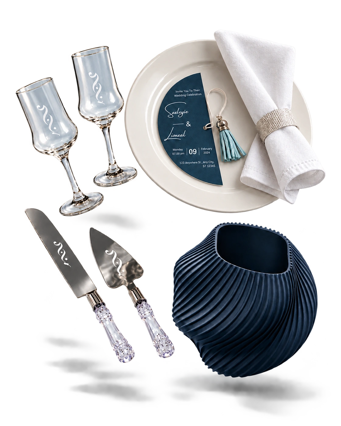 Floating dinner card and plate, personalized glasses, engraved serving tools and a navy 3D-printed vessel