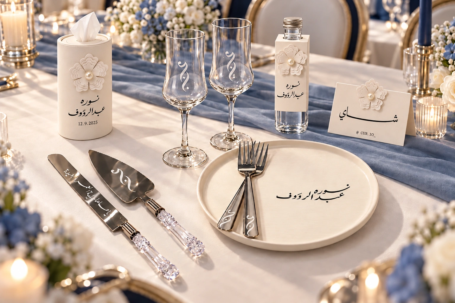 Wedding table mockup with a cylindrical tissue holder, ivory paper table card, complete dinner set and glass decals